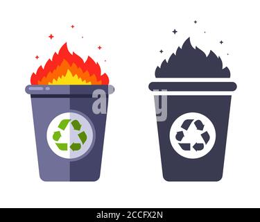 lit trash in the trash can. incineration of waste. flat vector illustration. Stock Vector