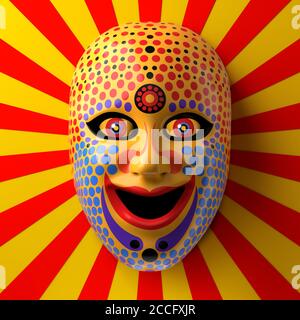 Asian theater mask with colored ornaments and dots against red and yellow rays background Stock Photo