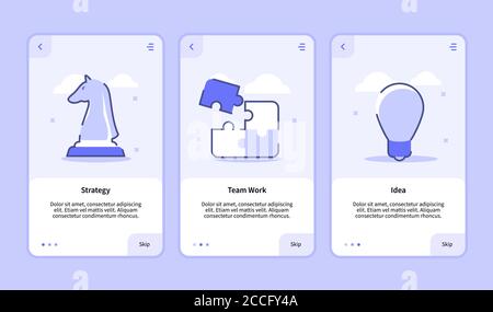 Strategy team work idea onboarding screen for mobile apps template banner page UI with three variations modern flat outline style Stock Vector