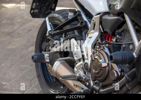 details of a parked touring motorcycle ready to travel Stock Photo