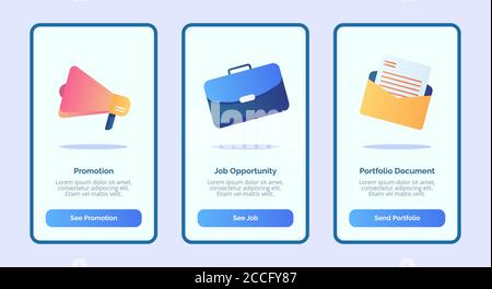 Hiring promotion job opportunity portfolio document for mobile apps template banner page UI with three variations modern flat color style . Stock Vector