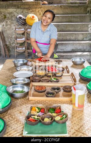 Balinese cuisine is the traditional cookery of Balinese people from the volcanic island of Bali. Using a variety of spices, blended with fresh vegetab Stock Photo