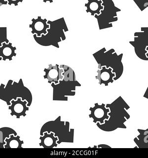 Human head with cogwheel icon in flat style. Technology progress vector illustration on white isolated background. Face and gear seamless pattern busi Stock Vector