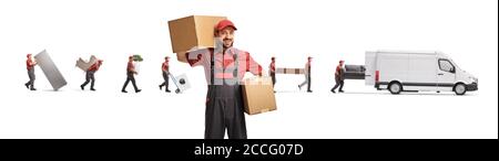 Worker carrying boxes and movers in the back loading items into a van isolated on white background Stock Photo