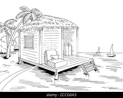 Bungalow hut house coast beach graphic black white sea landscape sketch illustration vector Stock Vector