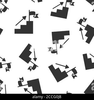 Stair with finish flag icon in flat style. Leadership challenge vector illustration on white background. Career growth seamless pattern business conce Stock Vector