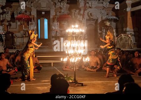 The performance is called a ‘Kecak dance’, an onomatopoeic title for the sound of the continuous chant made by the Monkey men choir as no instruments Stock Photo