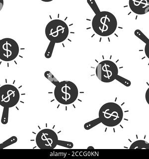 Magnifying glass with money icon in flat style. Dollar search vector illustration on white isolated background. Financial currency seamless pattern bu Stock Vector