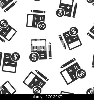 Tax payment icon in flat style. Budget invoice vector illustration on white isolated background. Calculator with dollar coin and pencil seamless patte Stock Vector