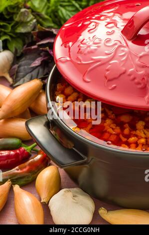 Cold vegetable soup in a black ceramic pot with red cover Stock Photo