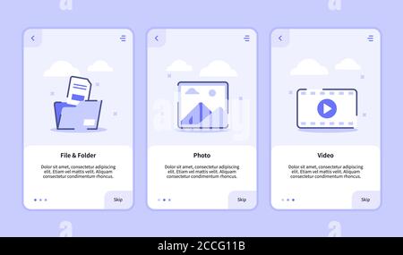 File and folder photo video onboarding screen for mobile apps template banner page UI with three variations modern flat outline style Stock Vector