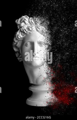 3d anaglyph effect. Gypsum statue of Apollo's head. Man. Creative. Head. Isolated. Vintage style. Glitch Art. Digital offset CMYK illustration. Apollo Stock Photo