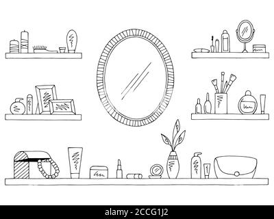 Shelves set graphic black white isolated sketch cosmetics illustration vector Stock Vector