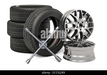 Tire Fitting service concept. Car wheels and rims with lug wrench, 3D rendering isolated on white background Stock Photo
