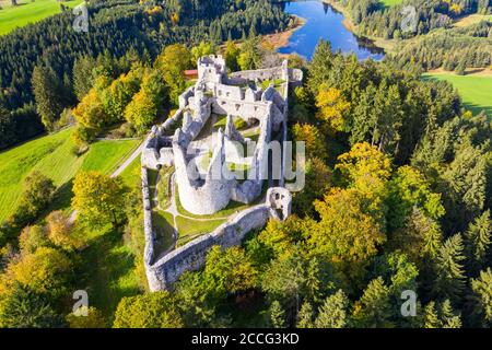 Hohenfreyberg castle ruins, near Eisenberg, aerial view, Ostallgäu, Allgäu, Swabia, Bavaria, Germany Stock Photo