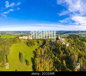 Castle ruins Hohenfreyberg and Eisenberg, near Eisenberg, aerial view, Ostallgäu, Allgäu, Swabia, Bavaria, Germany Stock Photo