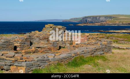 Remains of 12th century Norse church on Brough of Birsay, Orkney Isles Stock Photo
