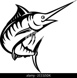 Retro style illustration of an Indo-Pacific blue marlin, a species of marlin or billfish swimming and jumping up done in black and white on isolated b Stock Vector