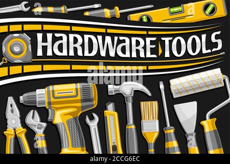 Vector poster for Hardware Tools, decorative sign board with illustration of variation professional steel hardware tools, art concept with unique lett Stock Vector