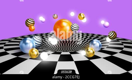 Colored decorative balls. Abstract vector 3d illustration. Abstract art background with balls over checker texture 3d surface. Glossy orange , gold Stock Vector