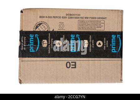 Amazon Prime parcel package isolated on white background Stock Photo