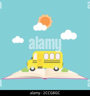 Back to school banner with school bus on open book. Stock Vector