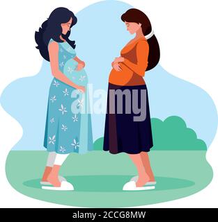 pregnant woman cartoon at park design, Belly pregnancy maternity