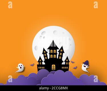Happy Halloween banner or poster background with big moon, night clouds, ghost and castle in paper cut style. Stock Vector
