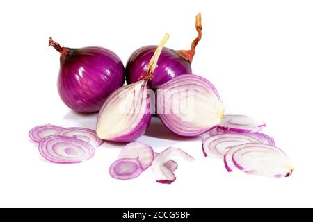 Isolated red onions and onion rings on white background Stock Photo