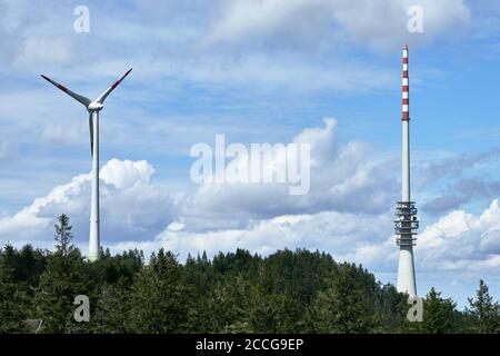 Wind turbine and communications tower on Hornisgrinde mountain in the Black Forest, Germany Stock Photo