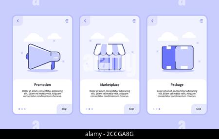 Promotion marketplace package onboarding screen for mobile apps template banner page UI with three variations modern flat outline style Stock Vector