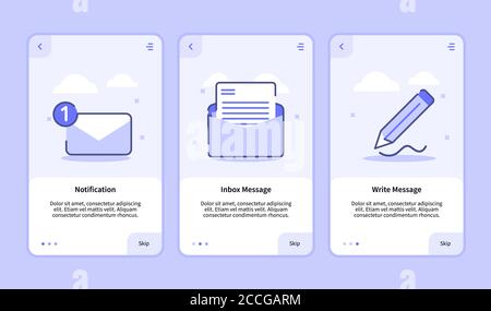 Notification inbox message write message onboarding screen for mobile apps template banner page UI with three variations modern flat outline style. Stock Vector