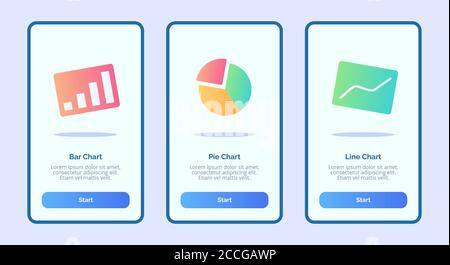 Bar chart pie chart line chart for mobile apps template banner page UI with three variations modern flat outline color style Stock Vector