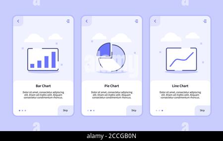 Bar chart pie chart line chart onboarding screen for mobile apps template banner page UI with three variations modern flat outline style Stock Vector