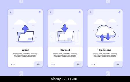 Upload download synchronous onboarding screen for mobile apps template banner page UI with three variations modern flat outline style. Stock Vector