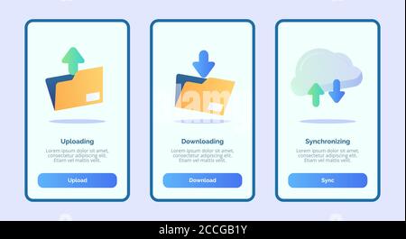 Uploading downloading synchronizing for mobile apps template banner page UI with three variations modern flat color style Stock Vector