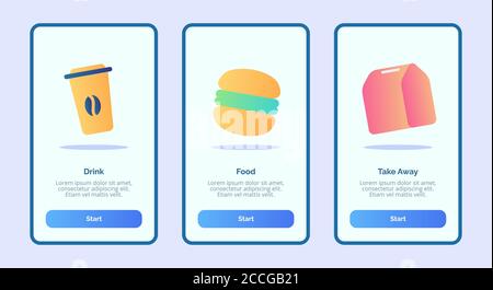 Drink Food Take away for mobile apps template banner page UI with three variations modern flat color style Stock Vector