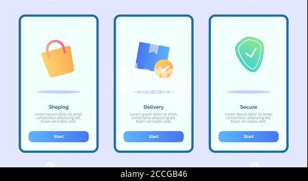Shopping delivery secure for mobile apps template banner page UI with three variations modern flat color style. Stock Vector