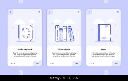 Dictionary library book onboarding screen for mobile apps template banner page UI with three variations modern flat outline style Stock Vector