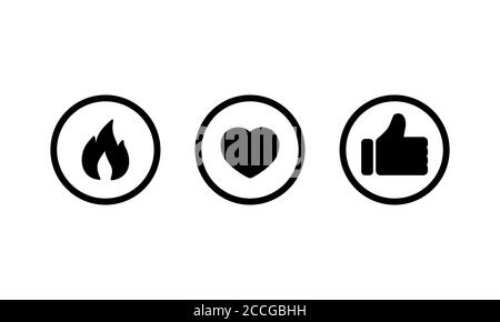 Fire, heart and like sign in circles icon. Social media concept. Vector on isolated white background. EPS 10 Stock Vector