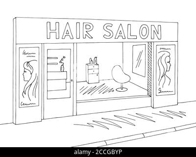 Hair salon exterior graphic black white sketch illustration vector Stock Vector