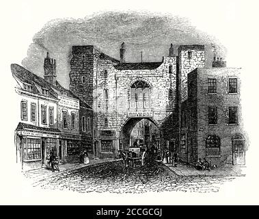 An old engraving of St John's Gate, located in St John’s Lane, Clerkenwell, Middlesex (now within central London), England, UK. It was built in 1504 by Prior Thomas Docwra as the south entrance to the inner precinct of Clerkenwell Priory, the English headquarters of the Knights of the Order of St John (known as the Knights Hospitaller). Heavily restored in the 19th century, the Gate standing today is mainly a Victorian recreation. The Museum of the Order of St John is housed within St John’s Gate. Stock Photo