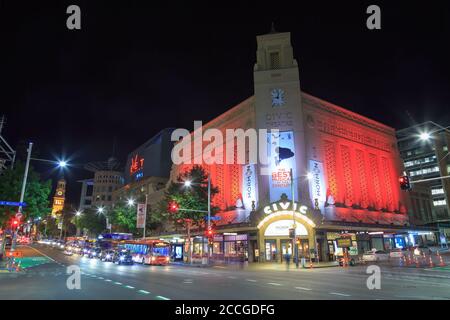 The historic Civic Theatre (built 1929) on Queen Street, Auckland, New Zealand, seen lit up at night. 3/13/2020 Stock Photo