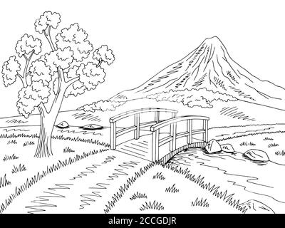 Mountain river landscape. Ink black and white drawing Stock Photo - Alamy