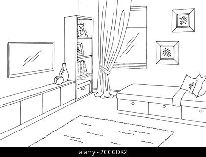 Children room graphic black white interior sketch illustration vector Stock Vector