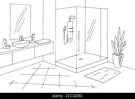 Bathroom graphic home interior black white sketch illustration vector Stock Vector