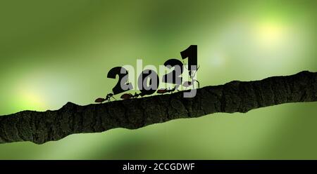 ants lifting 2021 numbers green background 3D rendering Stock Photo