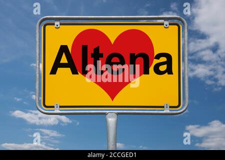 Ortstafel Altena, Nordrhein-Westfalen, Deutschland | Place name sign Altena, North Rhine-Westphalia, Germany, Europe Stock Photo