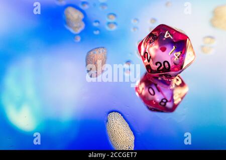 Close up of a pink polyhedral dice on a blue reflecting surface with soap foam Stock Photo