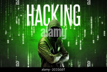 Faceless hacker with HACKING inscription, hacking concept Stock Photo
